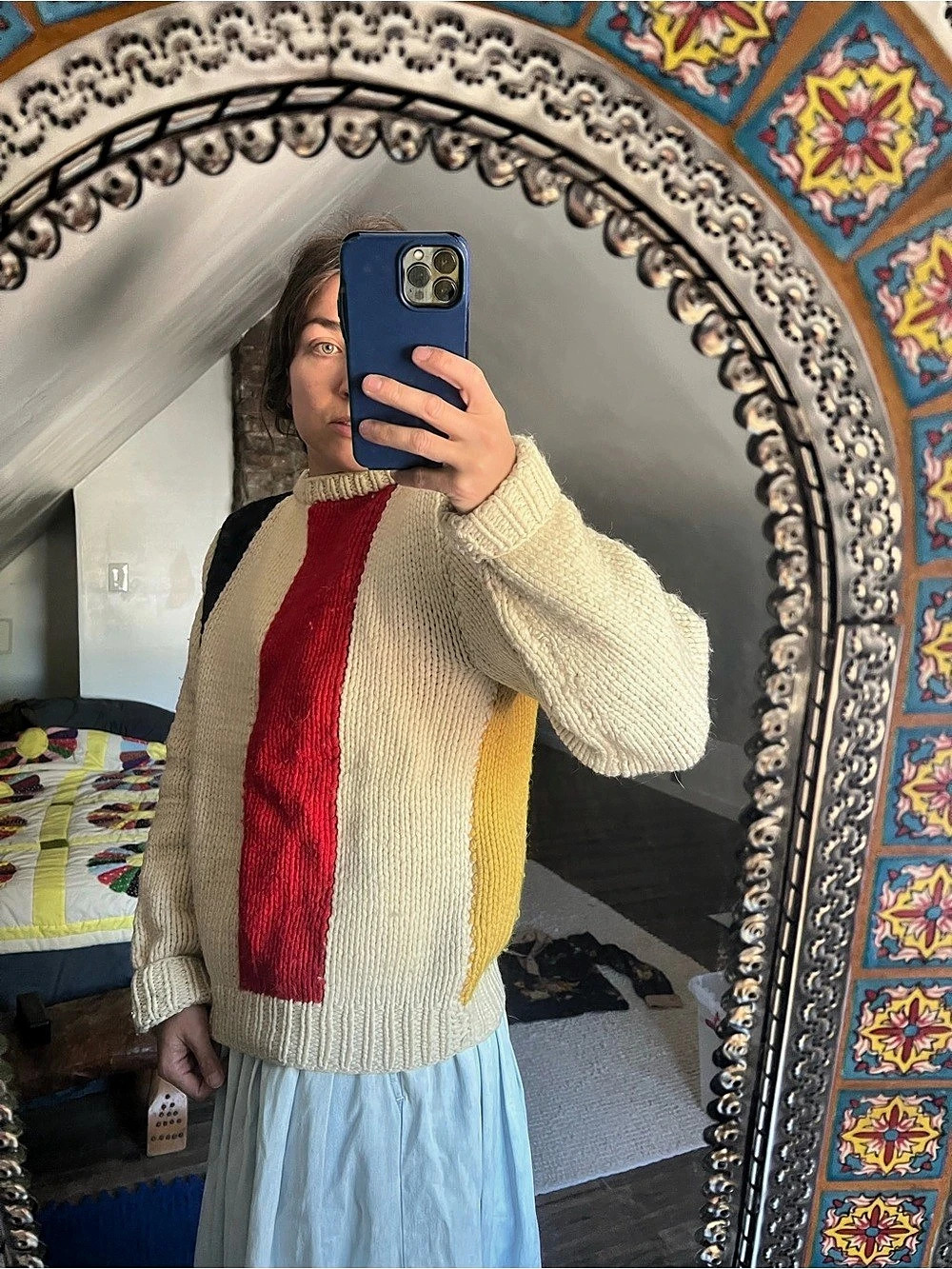 Vintage Hand-knit Color Block Crewneck Sweater